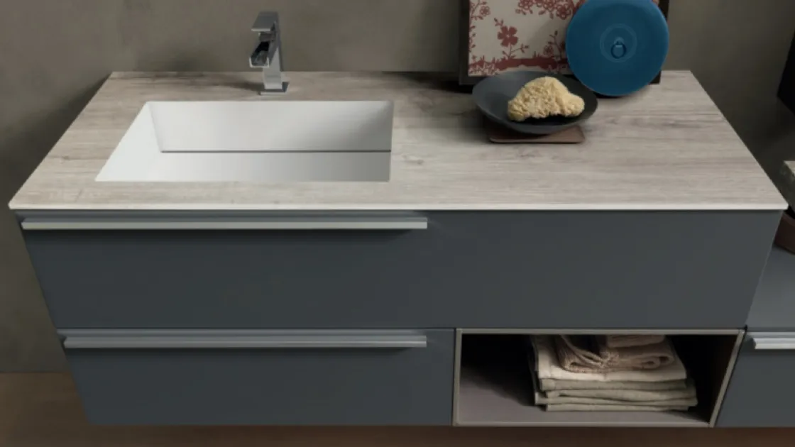 Mobile da Bagno sospeso M System C015 in laccato opaco Grigio Grafite e top con vasca integrata di Baxar