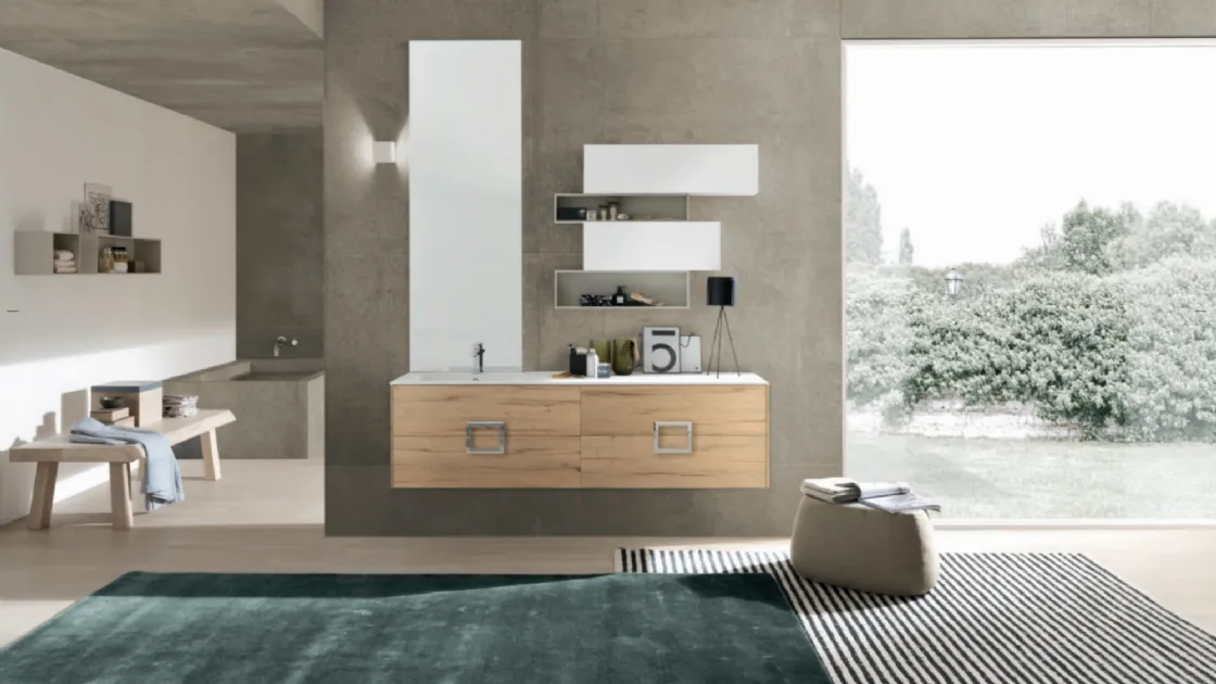 Mobile da Bagno M System C018 in melaminico effetto legno e pensili in laccato opaco di Baxar