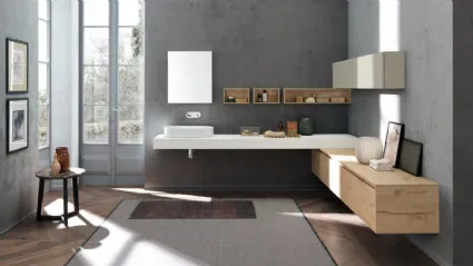 Mobile da Bagno M2 System C216 in melaminico effetto legno con top in ecomalta Bianca di Baxar