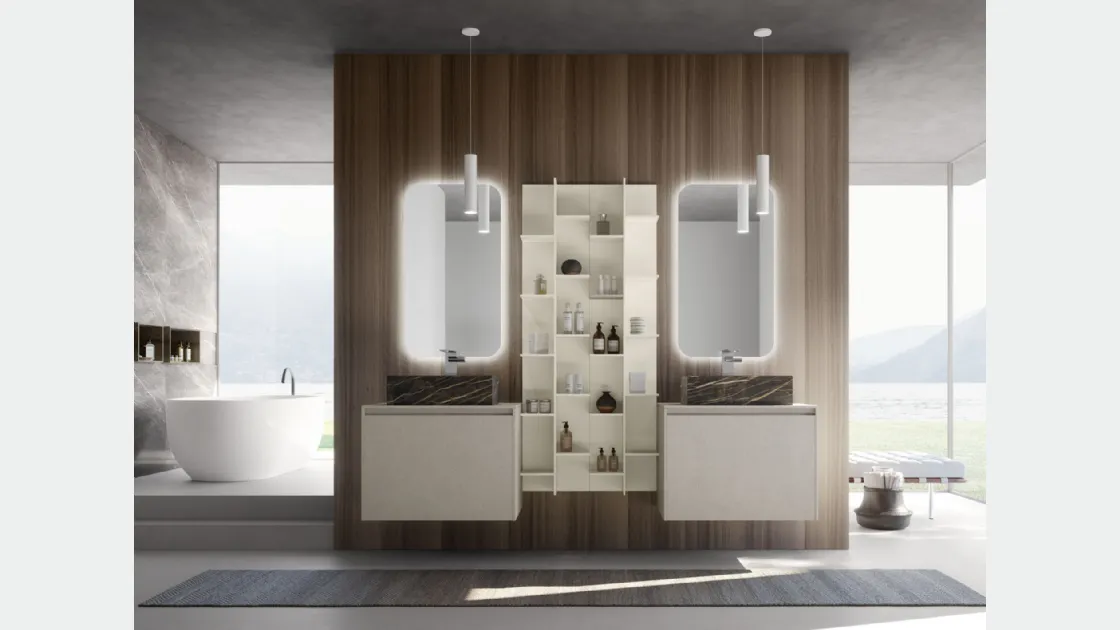 Mobile da Bagno sospeso M2 System 225 in laccato opaco Platino con lavabo in gres effetto marmo di Baxar