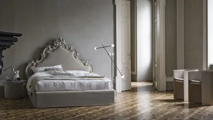 Letto in tessuto con testiera con cornice in legno intagliato e box contenitore Mademoiselle di Bolzan Letti