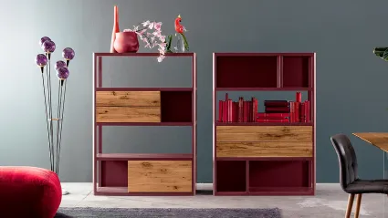 Libreria a muro in Rovere massello laccato Bordeaux e naturale Jolly di Devina Nais