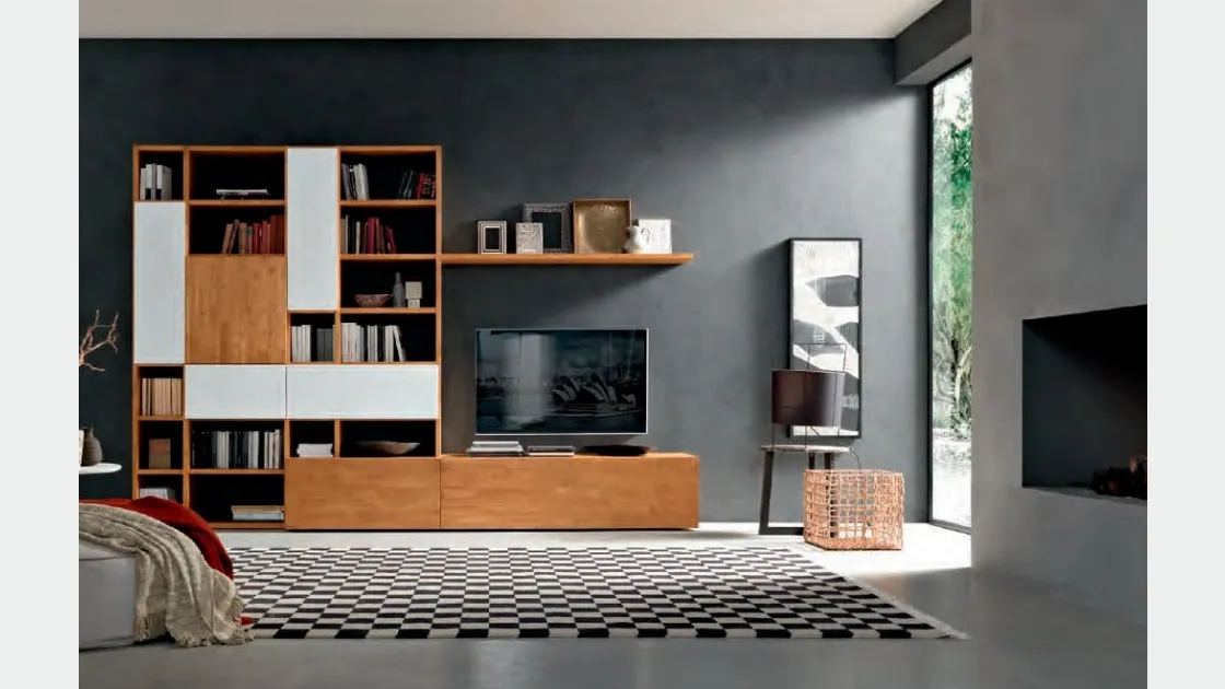 Libreria a muro Mixer CM30 in legno e laccato bianco di FGF Mobili