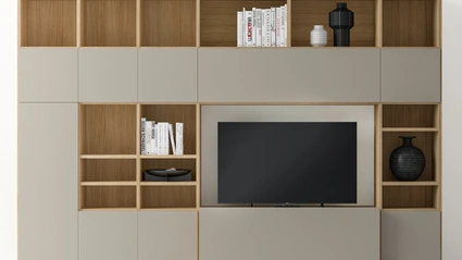 Libreria in laccato opaco e finitura Matwood Honey con vano porta TV Pratico Composizione PTG319 di SantaLucia