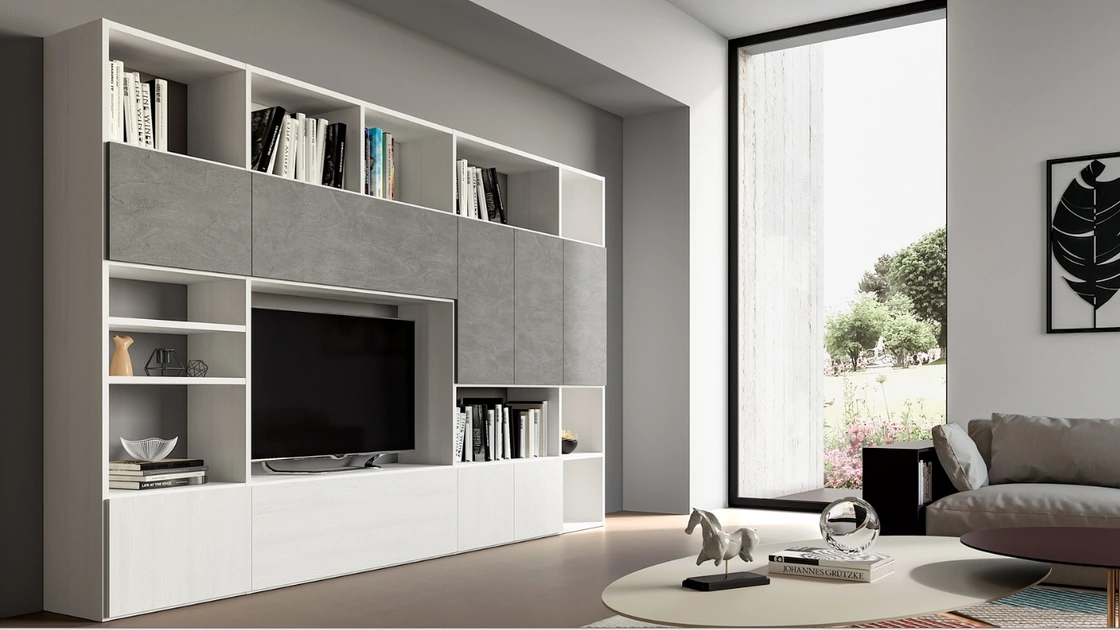 Libreria in materico cemento e Matwood  White Pratico Composizione PTG314 di SantaLucia