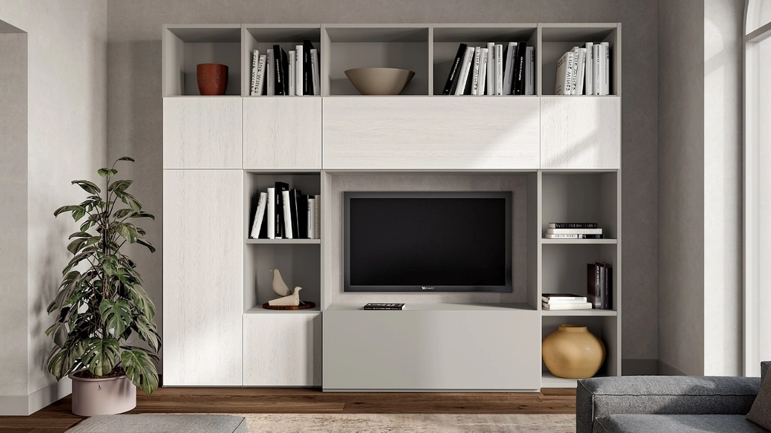 Libreria Composizione Pratico PTG315 in finitura Matwood White e laccato opaco di SantaLucia