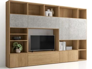 Libreria Pratico Composizione PTG321 in finitura Matwood Honey effetto legno e materico cemento di SantaLucia