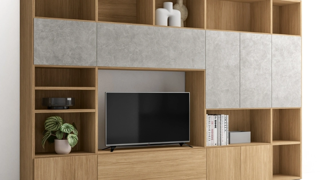 Libreria Pratico Composizione PTG321 in finitura Matwood Honey effetto legno e materico cemento di SantaLucia