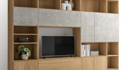 Libreria Pratico Composizione PTG321 in finitura Matwood Honey effetto legno e materico cemento di SantaLucia