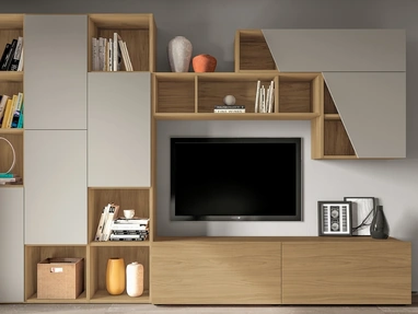 Libreria in melaminico finitura Matwood Honey e laccato caratterizzata da anta dal taglio obliquo Pratico Composizione PTG313 SantaLucia