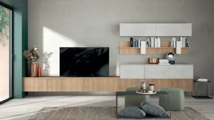 Libreria Volo Infinity sospesa in melaminico finitura Bianco e effetto legno di Colombini Casa