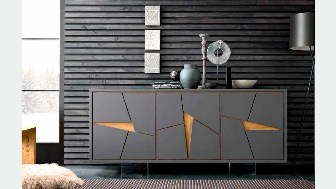 Madia in laccato Antracite a 3 ante sfaccettate con intarsi in legno Special di FGF Mobili