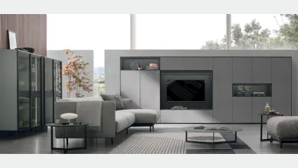 Parete Attrezzata Atlante UNIT AT202 in materico paglia grigio, materico rovere carbone e rovere carbone canettè di Tomasella