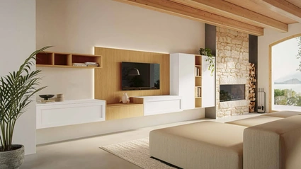 Parete Attrezzata Living MK06 in melaminico Oak Naturale e pet Bianco di Gentili Cucine
