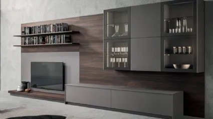 Parete Attrezzata Living T05 in Fenix Grigio Londra e melaminico Noce dark di Gentili Cucine