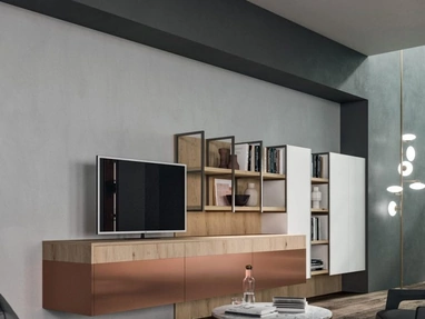 Parete Attrezzata Living T08 in laccato Metal Rame semilucido e Bianco con finiture in impiallacciato Rovere tinto Nordico nodato di Gentili Cucine