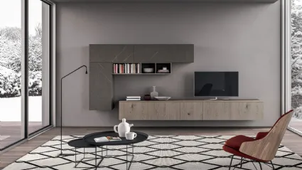 Parete Attrezzata sospesa Living T09 in Rovere e laminato HPL di Gentili Cucine