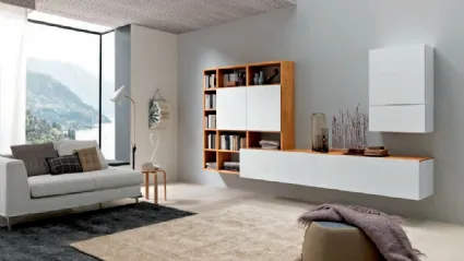 Parete Attrezzata sospesa Mixer CM87 in laccato bianco opaco e legno di FGF Mobili