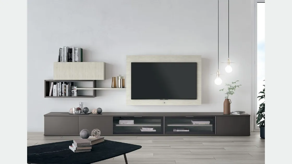 Parete Attrezzata Volo S304 in mealminico Grigio Titanio e Rovere Gesso di Colombini Casa