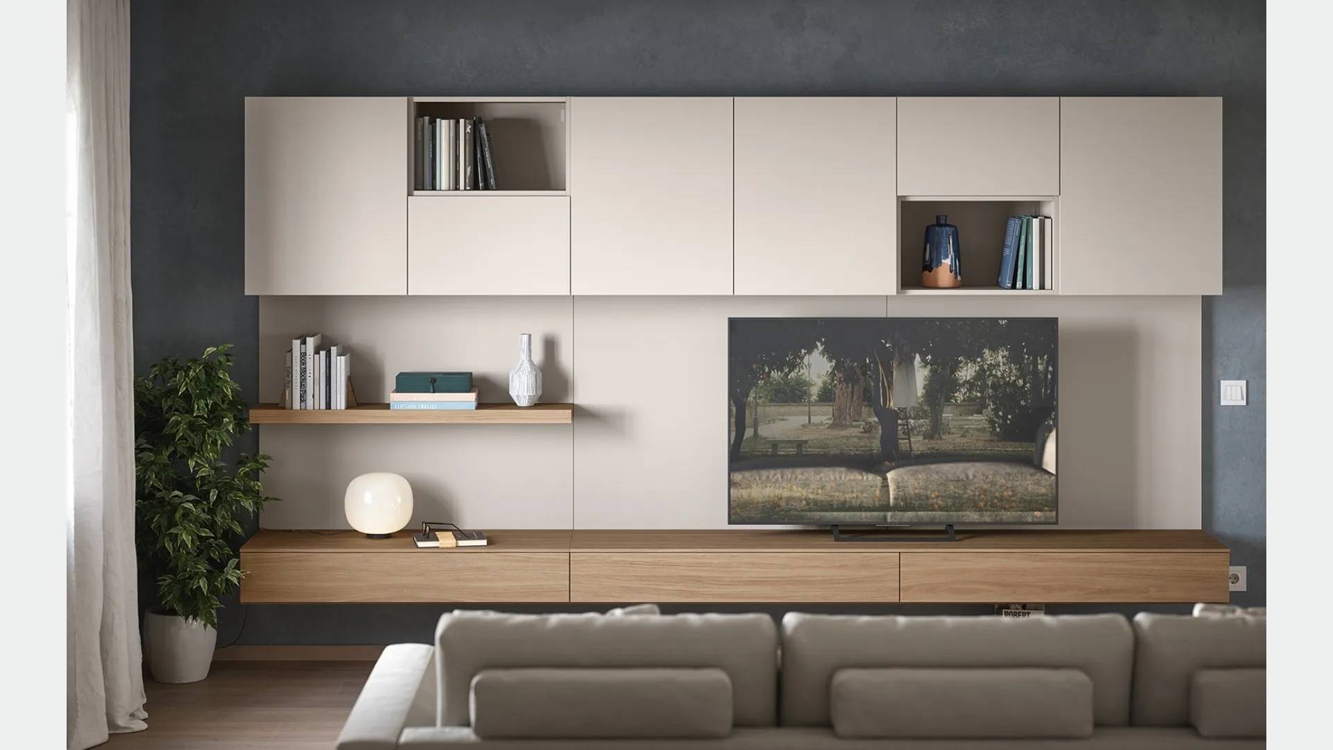 Parete Attrezzata Atlante UNIT AT109 in legno rovere moka e rovere moka cannetè di Tomasella