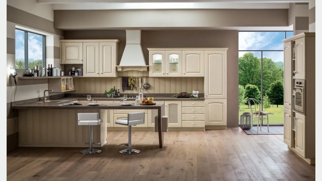 Cucina Classica angolare Magda in legno di Rovere Decapè Bianco di Arrex