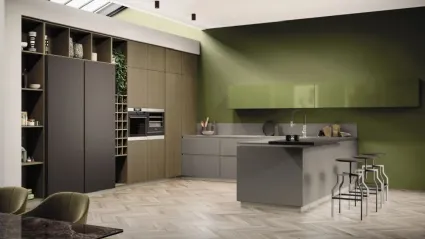 Cucina Moderna con penisola AL 32 08 in Fenix Grigio Londra e pensili in Vetro Verde Oliva di Arrex