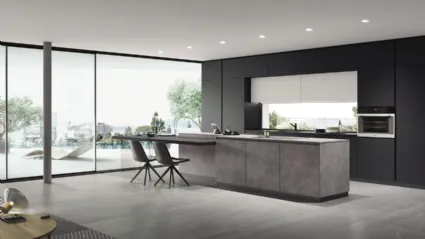 Cucina Moderna con isola AL 32 04 in HPL Cemento e Vetro opaco Nero di Arrex