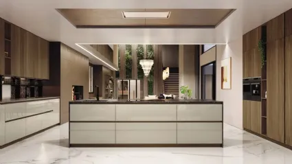 Cucina Moderna con isola AL 32 10 in Vetro lucido Juta e Noce Canaletto di Arrex