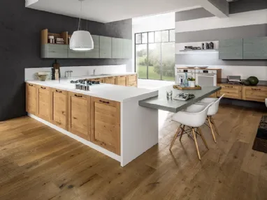Cucina Moderna angolare con penisola Curry in Rovere Naturale e laccato Bianco di Arrex
