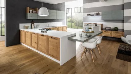 Cucina Moderna angolare con penisola Curry in Rovere Naturale e laccato Bianco di Arrex