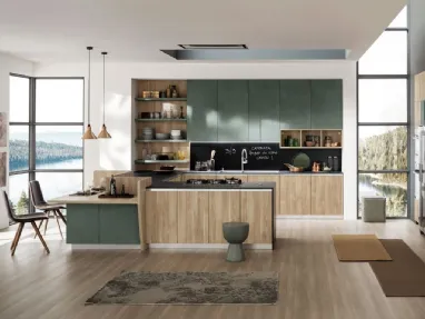 Cucina Moderna angolare con penisola Lab Old Oak Natura e Oxide Muschio di Arrex