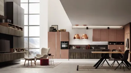 Cucina Moderna lineare Lab in finitura legno Old Oak Petrolio e Oxide Mattone di Arrex