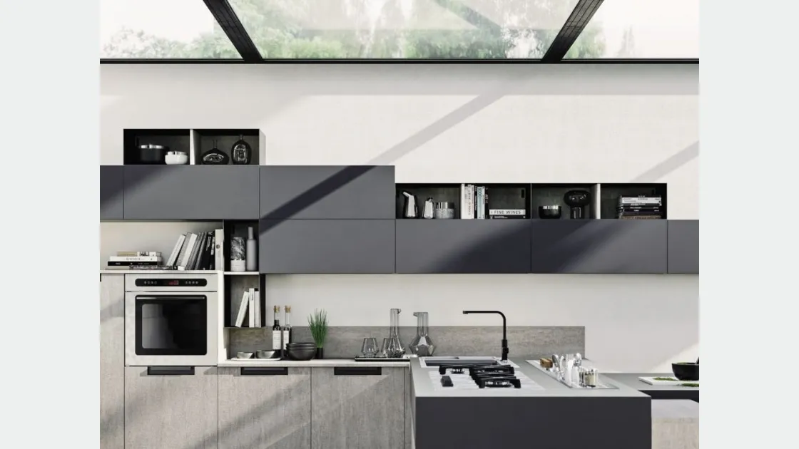Cucina Moderna angolare in laminato effetto cemento con penisola Loft Wall di Arrex