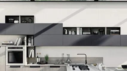 Cucina Moderna angolare in laminato effetto cemento con penisola Loft Wall di Arrex