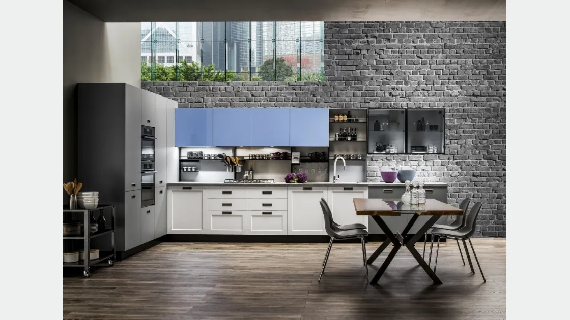 Cucina Moderna lineare Dallas in PET Zucchero Grigio e Timo di Arrex