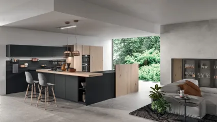 Cucina Moderna con penisola Time 04 in vetro Nero opaco e impiallacciato Rovere nordico nodato di Gentili Cucine