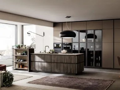 Cucina Moderna lineare Lab con finitura legno Old Oak Petrolio e Metal Bronzo di Arrex