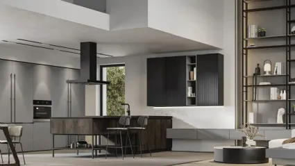 Cucina Moderna con penisola Loft 2|2 12 in Old Oak Petrolio e laccato di Arrex