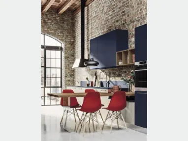 Cucina Moderna lineare Loft Soft in laccato Blu e finitura impiallacciato Wood Neve di Arrex