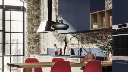Cucina Moderna lineare Loft Soft in laccato Blu e finitura impiallacciato Wood Neve di Arrex