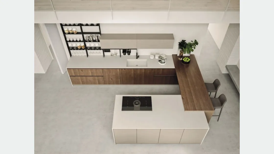 Cucina Moderna con isola e penisola Loft Wood finitura Pepe e laccato Beige di Arrex