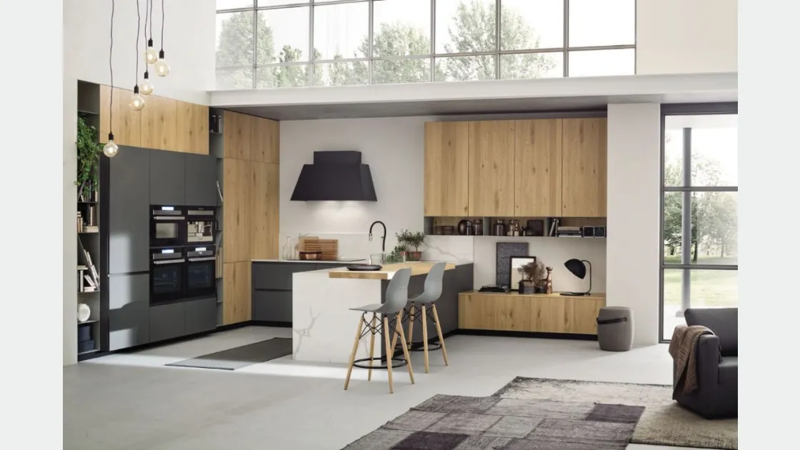Cucina Moderna angolare con penisola Loft Wood Naturale di Arrex