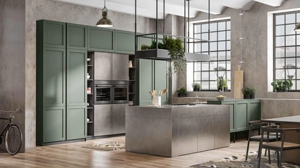 Cucina Moderna con penisola Queen Industrial in laccato e acciaio inox di Arrex