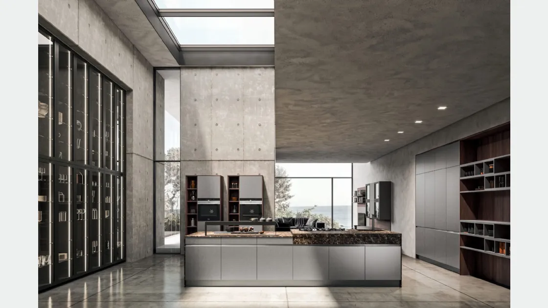 Cucina Moderna con isola Time 05 in Fenix acciaio e laminato stratificato Cuba di Gentili Cucine