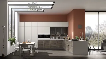Cucina Moderna angolare Twin Okobo Dark e laccato Grigio chiaro di Arrex