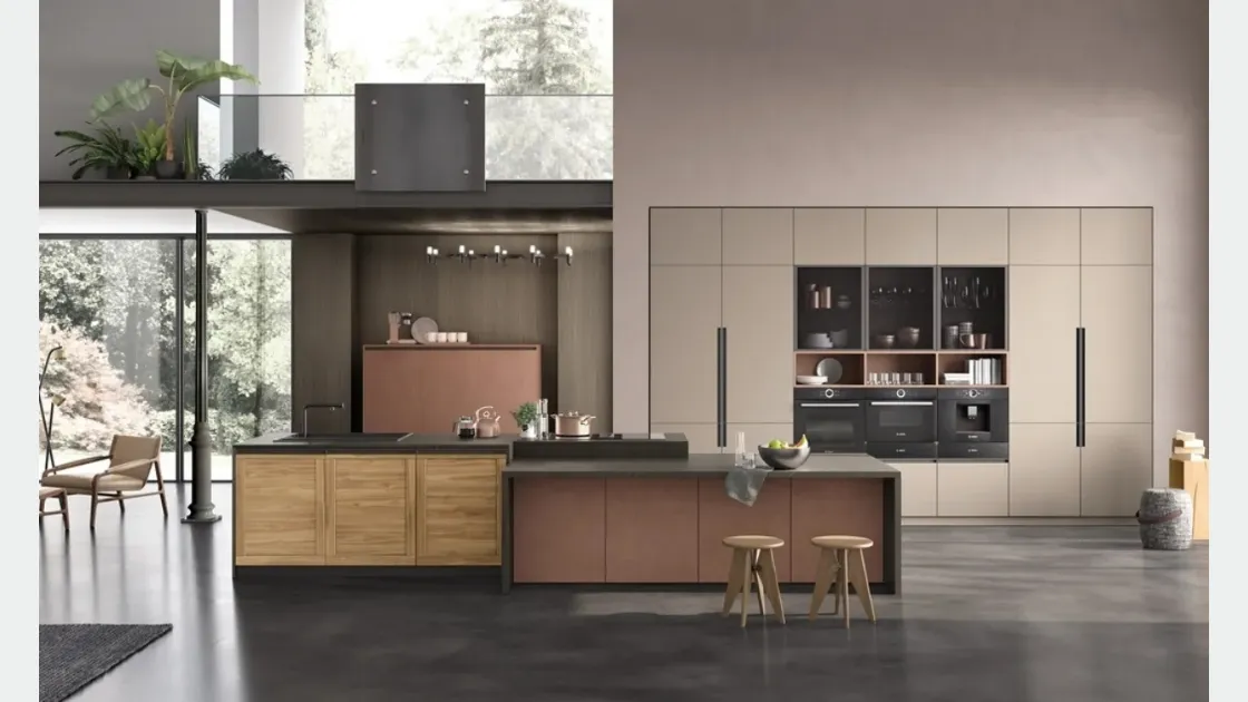 Cucina con isola Twin 06 Okobo Natural e Lab Oxide Marrone di Arrex