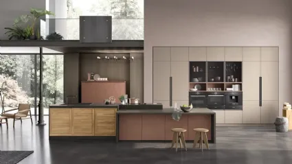 Cucina Moderna con isola Twin 06 Okobo Natural e Lab Oxide Marrone di Arrex