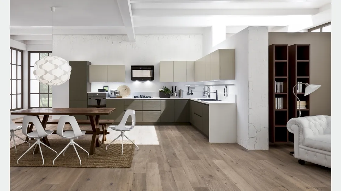Cucina Moderna angolare Zenzero in Rovere laccato Tortora e Juta di Arrex