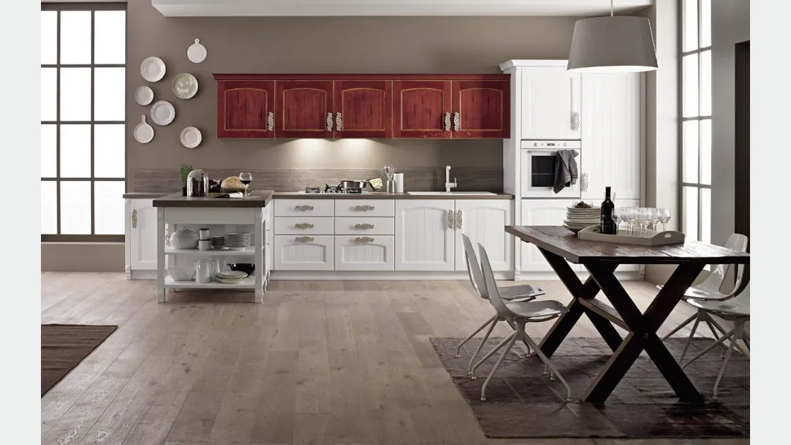 Cucina Shabby Chic Morgana in legno di Rovere Decapé Gesso e Rosso di Arrex