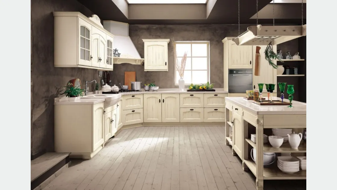 Cucina Shabby Chic angolare Morgana in laccato Bianco Antico con top in marmo di Arrex